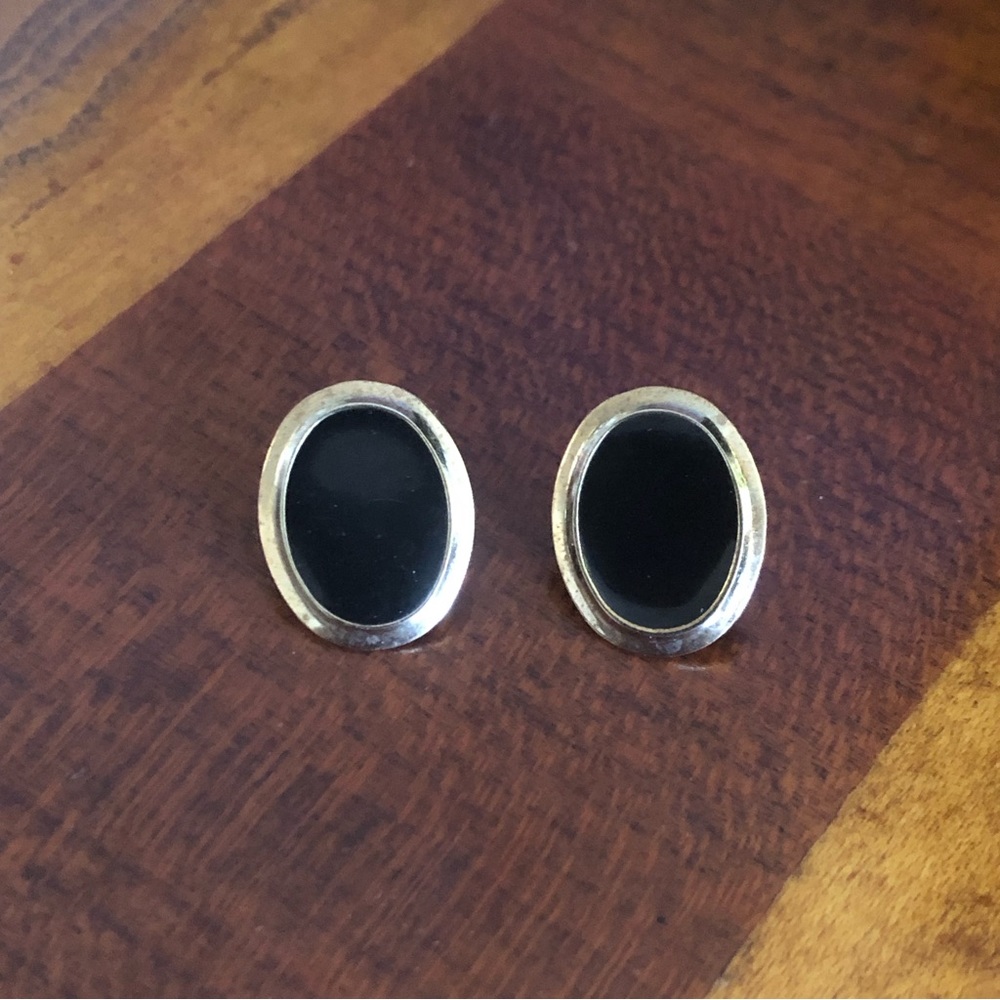 Vintage oval black enamel gold plated clip on earrings